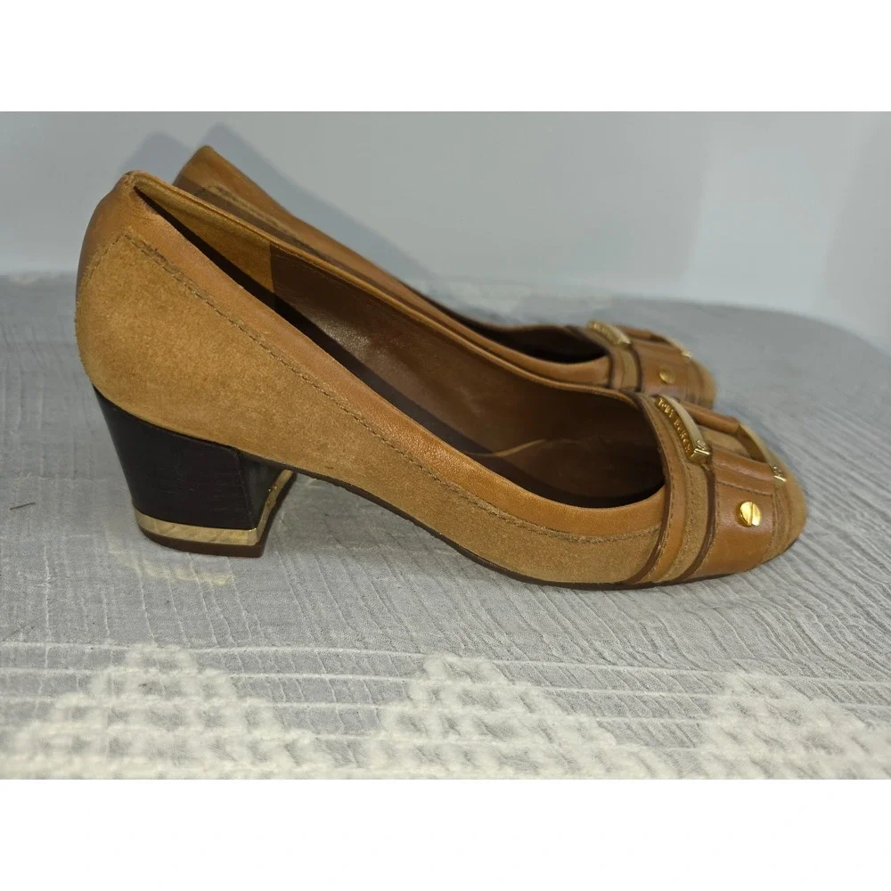 Tory Burch Tan Leather Suede Block Heel Buckle Pumps Gold Hardware Size 5M